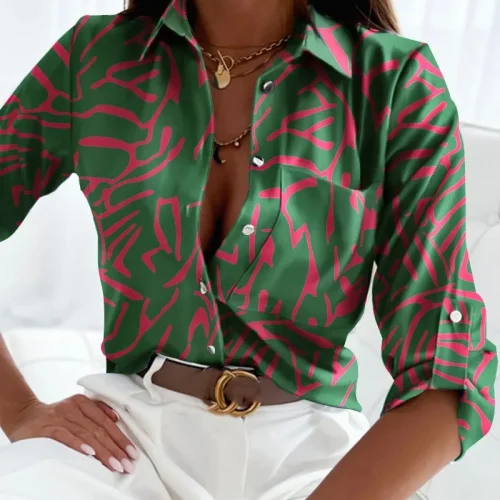 Elegant Women Blouse 2023 Spring and Autumn Temperament Top Long Sleeve Stripe Print Office Slim Fit Pocket Shirt