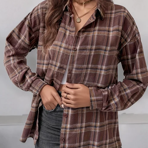 Elegant Casual Long Plaid Shirt Shoulder Drape Style Women's Fashion Trendy Button-Up Top