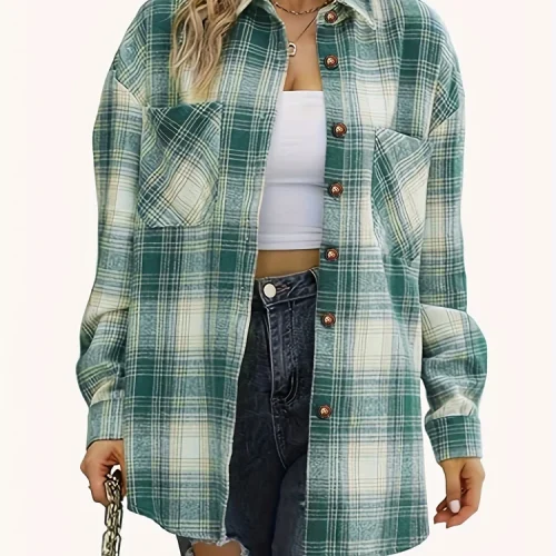 Women's Flannel Plaid Shirt Jacket Straw Button Top Polyester Material Fashion Spring Summer 2025